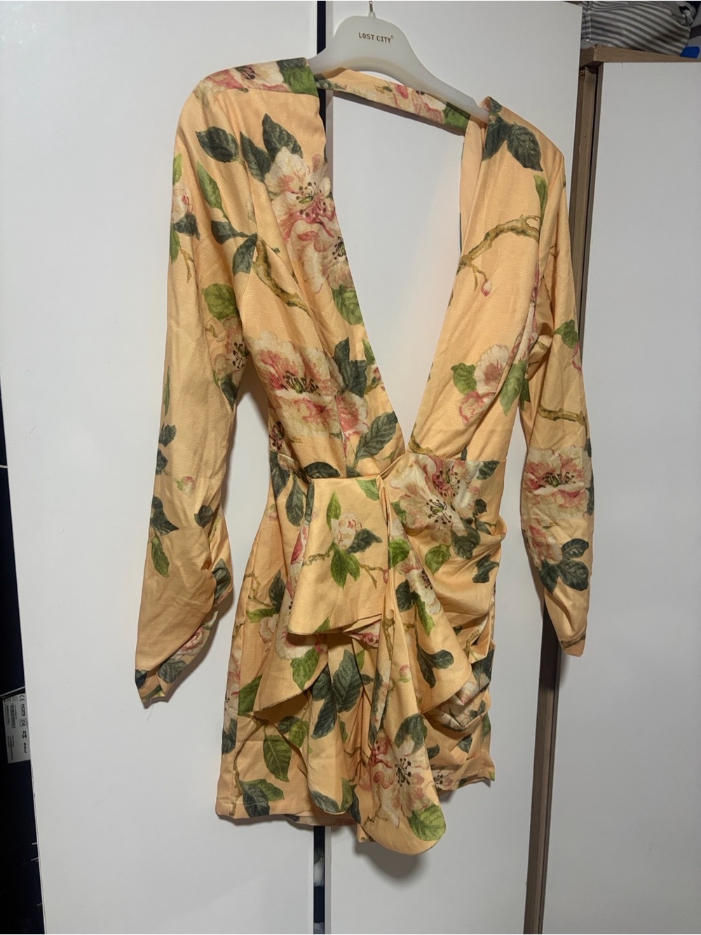Luxxel Peach Floral Wrap Mini Dress with Green Leaves